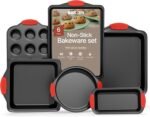 BAKKENMASTER Baking Set – 6 Piece Kitchen Oven Bakeware Set – Deluxe Non-Stick Black Coating Inside and Outside – Carbon Steel – Red Silicone Handles – PFOA PFOS and PTFE Free by Bakken - Image 2