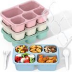 Bento Box Adult Lunch Box - 4 Pack, 5 - Compartment Meal Prep Container for Kids, Reusable Food Storage Snack Containers - Stackable for School, Work, and Travel (Wheat(Green/Blue/Pink/Beige)) - Image 2