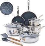 Blue Diamond Hybrid Nonstick Stainless Steel 12 Piece Cookware Set, Tri-Ply PFAS-Free Ceramic Diamond Bond Pots & Pans, Dishwasher & Oven Safe to 850F, Induction Ready, Metal Utensil Safe, Silver - Image 2