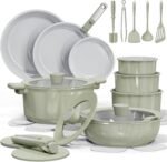 CAROTE 27pcs Ceramic Cookware Set Nonstick, Pots and Pans Set Non Stick, Non Toxic Cookware Detachable Handles, Dishwasher/Oven Safe, RV/Camping Cookware, Pan and Pot with Kitchen Utensils, Green - Image 2