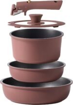 CAROTE 5pcs Pots and Pans Set Non stick,Cookware Set Detachable Handle,kitchen essentials,RV kitchen pot and pan,Induction Cookware,Oven Safe,PFOA PFOS FREE,Burgundy - Image 2
