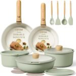 CAROTE Pots and Pans Set, Nonstick Cookware Set Detachable Handle, 19pcs Induction Kitchen Cookware Sets Non Stick with Removable Handle, RV Cookware Set, Oven Safe, Sage Green - Image 2
