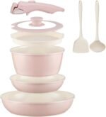 Ceramic Cookware Set Non Stick 8Pcs Pots and Pans Set Detachable Handle Induction Kitchen Cooking Set with Frying Pans Oven Dishwasher Safe, PFAS/PFOA Free, Pink - Image 2