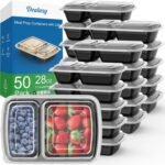 Dealusy 50 Pack (100-Piece) 28 oz Meal Prep Containers Reusable with Lids 2-Compartment, Sturdy Leakproof Food Safe, Microwave Freezer Dishwasher Safe, To Go Take Out Plastic Food Storage, Black - Image 2