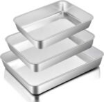 E-far Baking Pans Set of 3, Stainless Steel Sheet Cake Pan for Oven - 12.5/10.5/9.4Inch, Rectangle Bakeware Set for Cake Lasagna Brownie Casserole Cookie, Non-toxic & Healthy, Dishwasher Safe - Image 2
