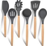 E-far Cooking Utensils Set of 6, Silicone Kitchen Utensils with Wooden Handle, Non-stick Cookware Friendly & Heat Resistant, Includes Spatula/Ladle/Slotted Turner/Serving Spoon/Spaghetti Server(Gray) - Image 2