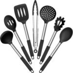 E-far Silicone Cooking Utensils Set, 7 Pcs Heat Resistant Kitchen Utensils with Stainless Steel Handle, Slotted Turner, Spoon, Soup Ladle, Pasta Server, Skimmer, Tongs for Nonstick Cookware, Black - Image 2