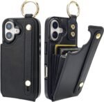 Folosu Wallet Case with Card Holder for iPhone 17, Hand Wrist Strap Loop Holder Kickstand, RFID Blocking Finger Grip Ring PU Leather Double Buttons Shockproof Cover 6.3" Black - Image 2