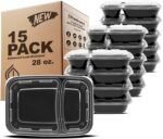 Freshware Meal Prep Containers [15 Pack] 2 Compartment with Lids, Food Storage Containers, Bento Box, BPA Free, Stackable, Microwave/Dishwasher/Freezer Safe (28 oz), Black - Image 2