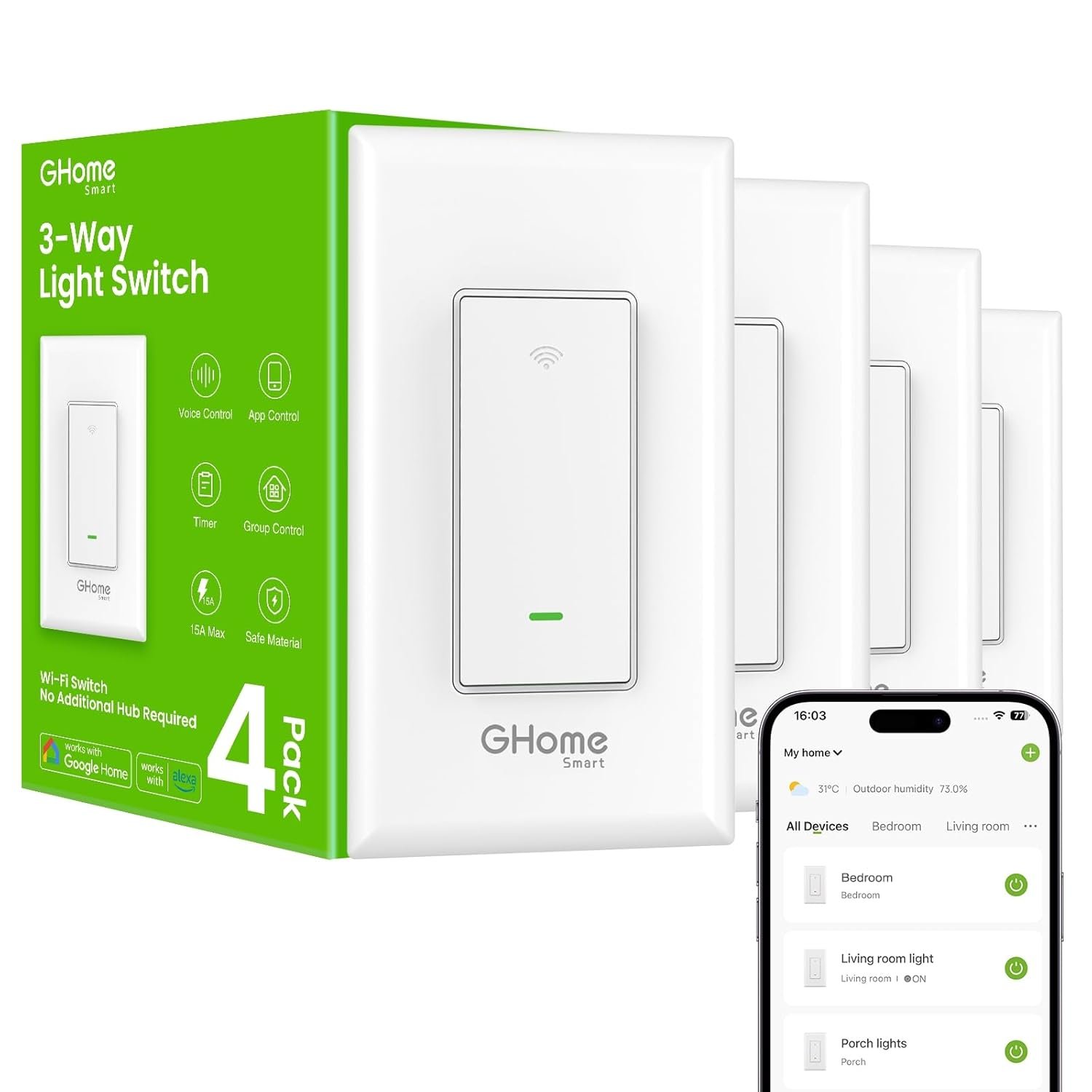 GHome Smart Switch, 3 Way Wi-Fi Light Switch Compatible with Alexa and Google Home, 2.4GHz Schedule Timer, Neutral Wire Required, 3-Way Installation, FCC Listed (4-Pack), White - Image 2
