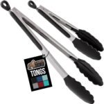 GORILLA GRIP Stainless Steel Heat Resistant Kitchen Tongs for Cooking, Set of 2 BBQ Tong, Non Scratch Silicone Tip for Pans, Strong Grip, Grab Food, Toss Salad, Air Fryer, Pull Lock, 7 + 9 Inch, Black - Image 2