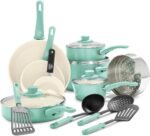 GreenLife Soft Grip 16 Piece Cookware Set, Non-Toxic PFAS-Free Ceramic Nonstick, Pots, Frying, Sauce, Saute, Glass Lids, Stay-Cool Handles, Wobble Free Bases, Dishwasher & Oven Safe, Turquoise - Image 2