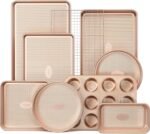HONGBAKE 9-Piece Baking Pans Set Nonstick, Stackable Non Toxic Bakeware Sets with Diamond Texture, Oven Pan Set for Cooking, Includes Cookie Sheet with Rack, Cake Pan, Roasting Pan, Muffin Tin, Gold - Image 2