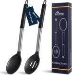 HOTEC 446°F Heat Resistant Large Silicone Cooking Spoon, BPA Free Solid Slotted Spoons, Nonstick Kitchen Cookware Utensils, Mixing, Serving, Stiring Large Spoons, Black - Image 2