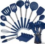 HOTEC 446°F Heat Resistant Silicone Kitchen Utensils, BPA Free Cooking Utensil Set, Spatula Set, Kitchen Gadgets, with Stainless Steel Utensils Holder, Dishwasher Safe, 14pcs Classic Blue - Image 2