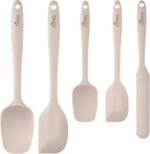 HOTEC 600℉ Heat Resistant BPA-Free Silicone Rubber Spatula Set,Kitchen Cooking Spatulas, Baking, Mixing for Non Stick Cookware, Dishwasher Safe, Set of 5, Khaki - Image 2