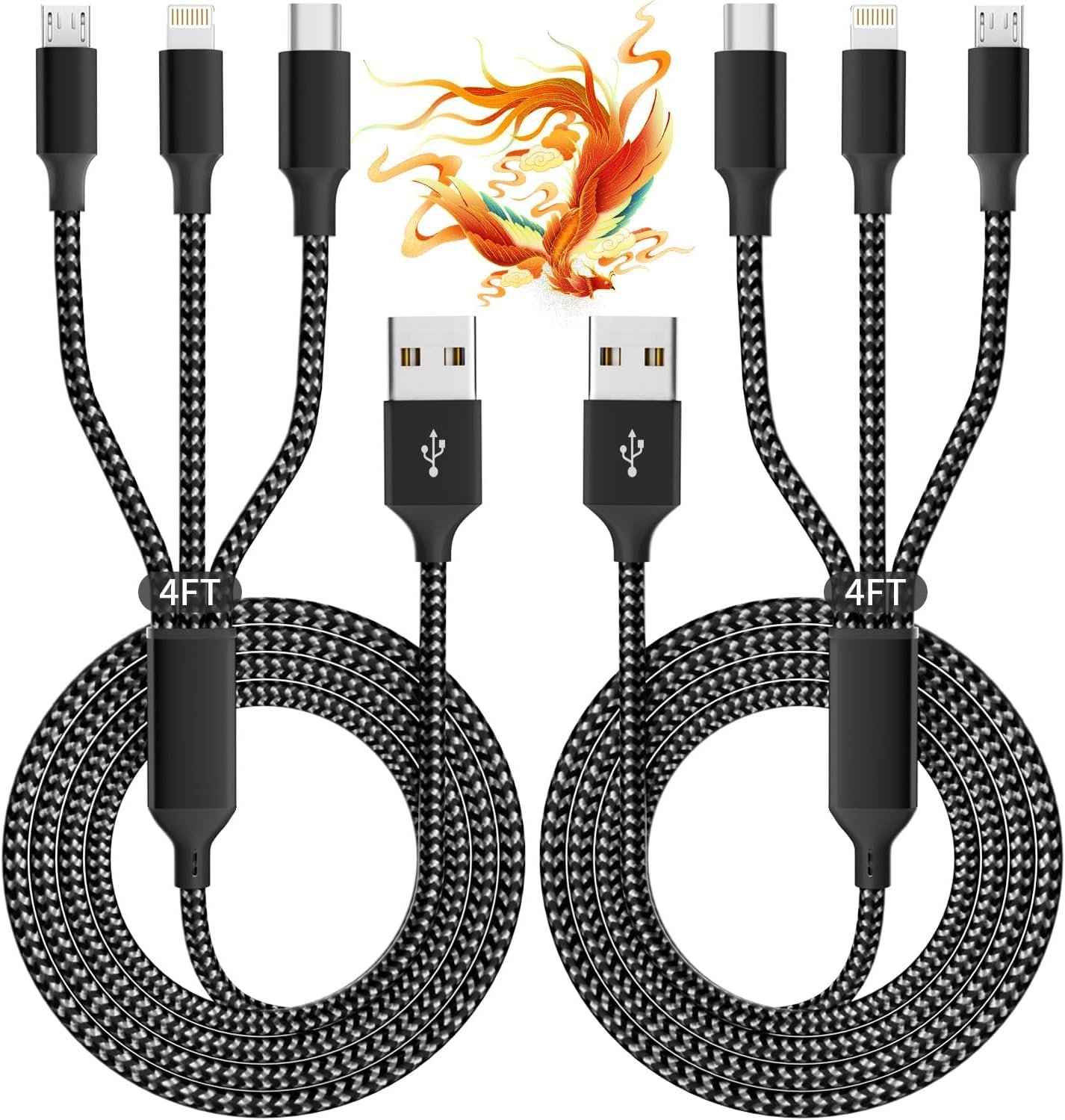 IDISON Multi Charging Cable(2Pack 4FT), 3 in 1 USB Charging Cable for Multiple Devices, Braided Universal Phone Charger Cord with Type-C, Micro USB, IP Port for iPhone17/16/14/Android Phones and More - Image 2