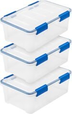 IRIS USA WeatherPro 16 Qt Storage Bins with Lids, 3 Pack, BPA-Free Plastic Gasket Box with Tight Latch and Seal, Stackable Nestable Tote Tub - Clear/Blue - Image 2