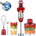 KOIOS 5-in-1 Hand Immersion Blender, 1000W 12 Speed Handheld Blender Stick with Copper Motor Stainless Steel Blade, 600ml Mixing Beaker,500ml Food Processor, Whisk, Milk Frother, Non-BPA, Red - Image 2