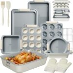 Kikcoin 25 PCS Stackable Baking Pans Set, Non-stick Bakeware Sets with Silicone Handles, 450°F Oven Safe Cookie Sheets for Baking, Easy Release Heavy-duty Baking Sheets Non Stick, Cream - Image 2