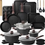 Kikcoin Pots and Pans Set Non Stick 31 Piece Kitchen Nonstick Cooking Cookware Sets with Grill Pan Saucepan Baking Sheet Utensil, Black - Image 2