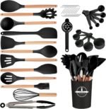 Kitchen Utensils Set - 34 PCS Non-Stick Silicone Cooking Utensils Set Spatula Set with Holder, Wooden Handle Spoon,Brush,Whisk Kitchen Gadgets Tools Set for Nonstick Cookware (Black-34P) - Image 2