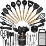 Kitchen Utensils Set- 34PCS Silicone Cooking Utensil with Holder, Umite Chef Heat Resistant Kitchen Spatula Set for Nonstick Cookware, Black Wooden Handles Kitchen Gadgets Tools Set - Image 2