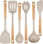 Kitchen Utensils Set, Large Non-stick Silicone Cooking Utensils Set 6 Pcs, Wooden Handle Heat Resistance Silicone Spatula Soup Ladle Pasta Server Kitchen Gadgets Utensils Set BPA Free (Khaki) - Image 2