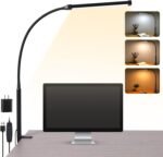 LED Desk Lamp with Clamp, Eye-Caring Clip on Lights for Home Office, 3 Modes 10 Brightness, Long Flexible Goose-Neck, Metal, Swing Arm Architect Task Table Lamps with USB Adapter, Black - Image 2