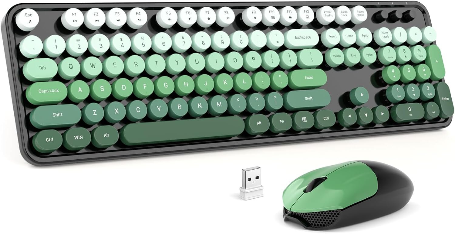 MOFII Wireless Keyboard and Mouse Combo, 2.4GHz Retro Typewriter Keyboard Full Size, Cute Wireless Mice, USB Dongle Plug and Play, for Laptop, PC, Desktop, Windows (Black Green Gradient Color) - Image 2