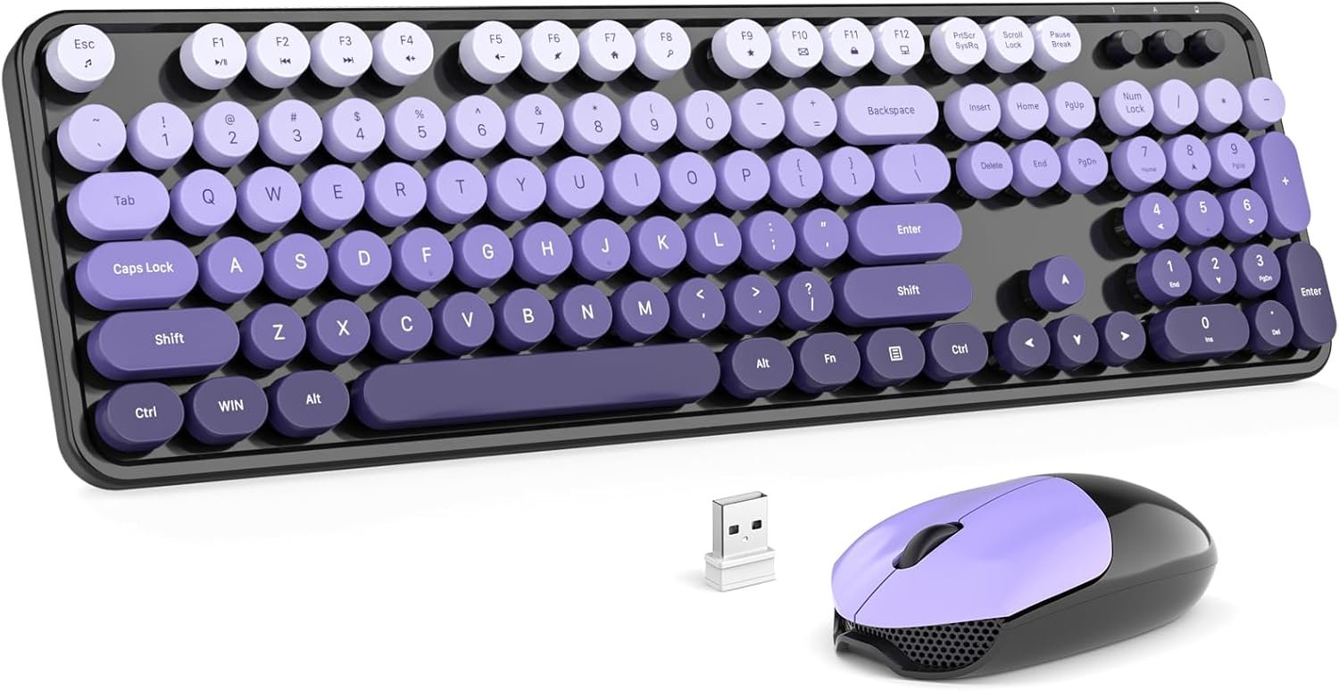 MOFII Wireless Keyboard and Mouse Combo, 2.4GHz Retro Typewriter Keyboard Full Size, Cute Wireless Mice, USB Dongle Plug and Play, for Laptop, PC, Desktop, Windows (Black Purple Gradient Color) - Image 2