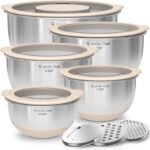 Mixing Bowles Set with Lids Set - Warp-Proof TPR-AS Lids, Stainless Steel Mixing Bowl with 3 Graters & Measuring Lines, Non-Slip Bowls for Baking, Prep, Airtight Food Storage (Khaki 5/3/2/1.5/0.63QT) - Image 2