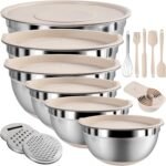 Mixing Bowls with Airtight Lids Set, 20 PCS Kitchen Gadgets Set, 6 Stainless Steel Bowls,3 Grater Attachments,Non-Slip Silicone Bottoms,Great for Serving&Baking,Size 5, 4, 3.5, 2.1, 1.5, 1.1QT (Khaki) - Image 2