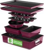 NutriChef 8-Piece Nonstick Stackable Bakeware Set - PFOA, PFOS, PTFE Free Baking Pan Set w/Non-Stick Coating, 450°F Oven Safe, Round Cake, Loaf, Muffin, Wide/Square Pans, Cookie Sheet (Plum) - Image 2