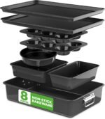 NutriChef 8-Piece Stackable Nonstick Bakeware Set - Premium Steel Baking Pans Set - Includes Round Cake Pan, 6-Cup Muffin Pans, Wide/Square Brownie & Loaf Pans, Cookie Sheet, & Roaster Pan (Black) - Image 2