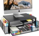 OPNICE Desk Organizer and Accessories, 2-Tier Computer Monitor Stand Riser with Drawer and 2 Pen Holders, Laptop Stand, Office Desk Accessories for Office Supplies, Black - Image 2