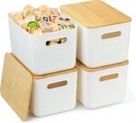 Ohmlove 4 Packs Storage Bins with Bamboo Lids - Plastic Storage Containers with Lids Stackable Storage Box：Storages Baskets for Organizing Desktop Closet Playroom Classroom Office,White - Image 2