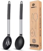 Pack of 2 Large Silicone Cooking Spoons,Non Stick Solid Basting Spoon,Heat-Resistant Kitchen Utensils for Mixing,Serving,Draining,Stirring (BLACK) - Image 2
