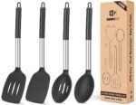 Pack of 4 Silicone Cooking Utensils Set, Non Stick Large Solid Spatulas, Heat Resistant Black Slotted Spoons, Ideal BPA Free Kitchen Turners for Frying, Mixing,Serving,Draining,Turning,Stirring - Image 2