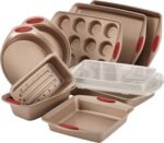 Rachael Ray Cucina Nonstick Bakeware Set Baking Cookie Sheets Cake Muffin Bread Pan, 10 Piece, Latte Brown with Cranberry Red Grips - Image 2