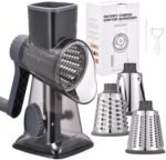 Rotary Cheese Grater with Handle Kitchen Shredder Slicer Grater Slicer Ice Shaver Cheese Vegetable Nuts Potato Zucchini Chocolate 3 Interchangeable Blades (Grey TSP) - Image 2