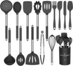 Silicone Cooking Utensil Set, Umite Chef 15pcs Silicone Cooking Kitchen Utensils Set, Non-stick - Best Kitchen Cookware with Stainless Steel Handle - Black Kitchen Utensils - Image 2