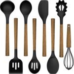 Silicone Cooking Utensil Set, Umite Chef 8-Piece Kitchen Utensils Set with Natural Acacia Wooden Handles,Food-Grade-Silicone Kitchen Gadgets Spatulas Set for Nonstick Cookware- Black - Image 2