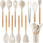 Silicone Cooking Utensil Set,12 PCS Cooking Cookware Kitchen Utensils Set for Cooking, Nonstick 446°F Heat-Resistant Cookware Kitchen Tools of Spoon,Brush,Whisk,Spatula,Turner Tongs (Khaki) - Image 2