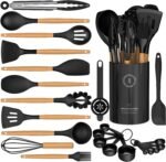 Silicone Cooking Utensils Set - AVGPD Silicone Kitchen Utensils for Cooking Wooden Handles, 446°F Heat Resistant Kitchen Utensil Spatula Sets, Gadgets for Non-Stick Cookware BPA FREE (Black) - Image 2