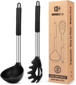 Silicone Pasta Fork and Ladle Spoon Set, Large Non Stick Kitchen Utensils for Cooking,Stirring,Serving Spaghetti, Soup, Sauce (BLACK) - Image 2