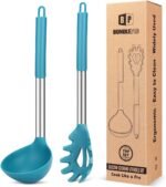 Silicone Pasta Fork and Ladle Spoon Set, Large Non Stick Kitchen Utensils for Cooking,Stirring,Serving Spaghetti, Soup, Sauce (BLUE) - Image 2