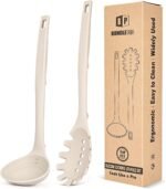 Silicone Pasta Fork and Soup Ladle Set, Heat Resistant Non Stick Kitchen Utensils with Back Hooks, Suitable for Cooking, Stirring, Serving Spaghetti, Soup, Sauce(KHAKI) - Image 2