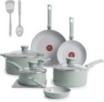 T-Fal Refresh Ceramic Nonstick Cookware Set, Oven Safe Up to 350ºF, 12-Piece, Includes Stockpot, Griddle, Frying Pans, Utensils, Ceramic Pots and Pans Set, Mint Green - Image 2