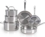 T-fal Pro Tri-Ply Stainless Steel Cookware Set, 10 Piece-Induction Compatible, Oven Safe 500F, Lids-350F, Even Heat, Professional Quality, Durable, Induction Pots and Pans Set, Silver - Image 2